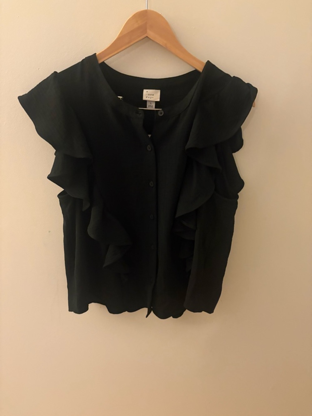 a new day Black Ruffle-Sleeve Button Front Blouse